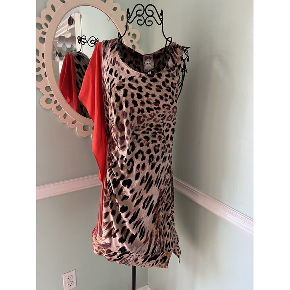 Yoana Baraschi Sz 8 RARE 100% Silk Leopard Print Sheath Shift Dress Red Ruffle - Picture 1 of 7